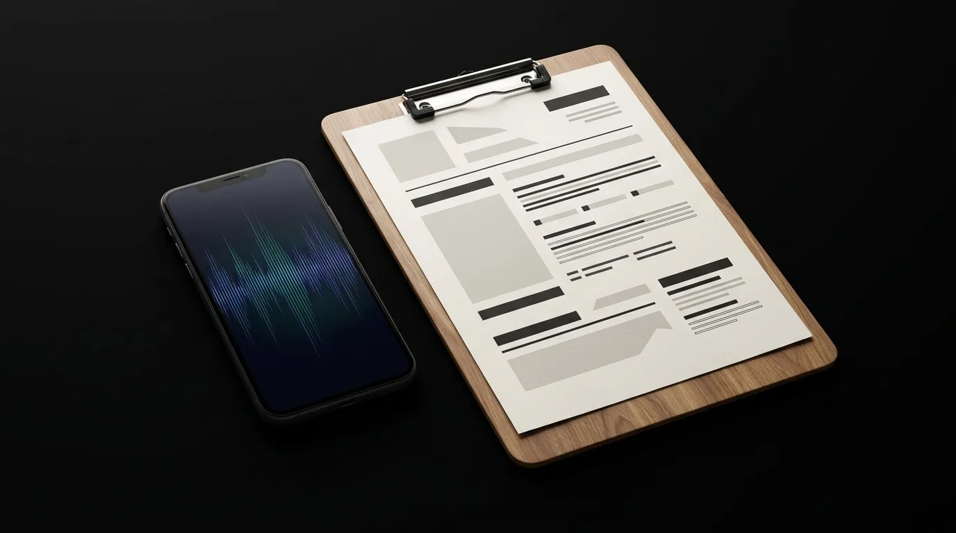 Ein modernes Smartphone mit einer abstrakten Audio-Welle auf dem Display, das neben einem eleganten Klemmbrett mit einem sauber formatierten Dokument voller abstrakter Layout-Blöcke liegt.