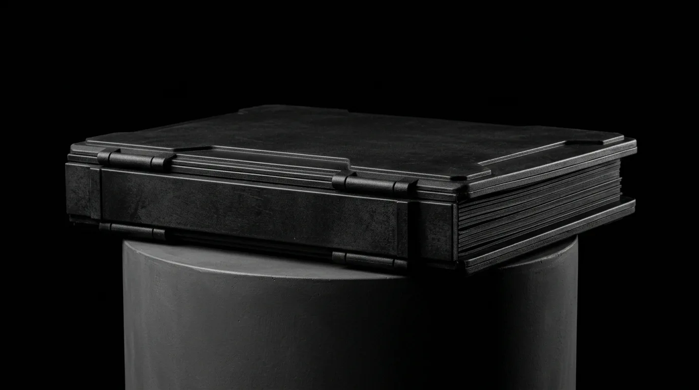 Ein massiver, mattschwarzer Premium-Ordner oder eine taktische Strategie-Box, die auf einem minimalistischen Sockel liegt und das fertige B2B-Sales-Playbook als greifbares, wertvolles Objekt darstellt.