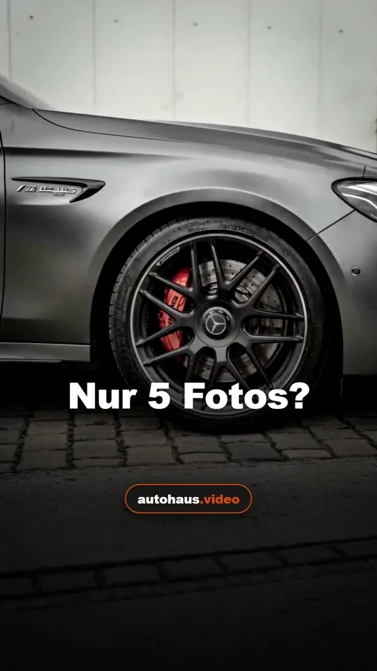 Titelbild eines Reels: Nahaufnahme des Hinterrads eines dunkelgrauen Mercedes-AMG mit roter Bremse, darüber der Text „Nur 5 Fotos?“ und das Zeichen autohaus.video.