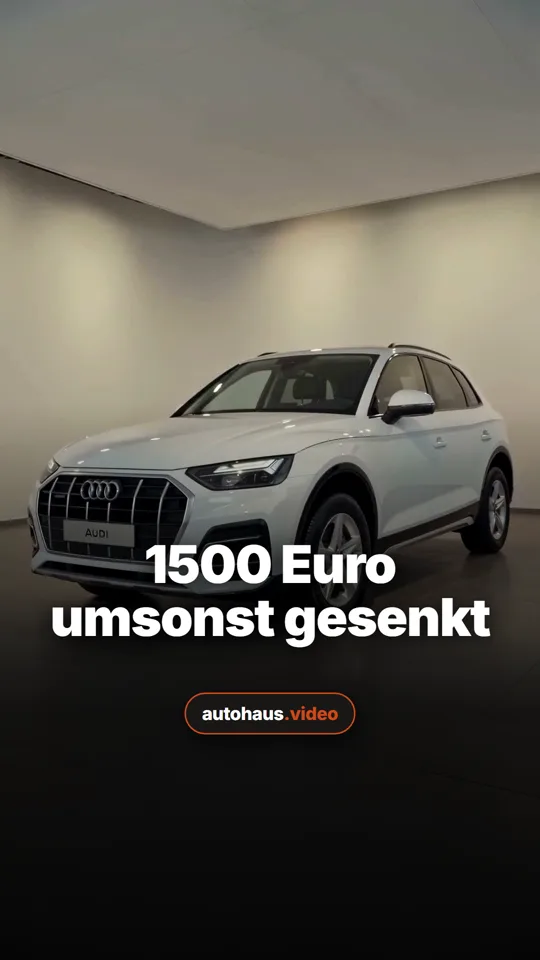 Titelbild eines Reels: weißer Audi Q5 in einem hellen Ausstellungsraum, darüber der Text „1500 Euro umsonst gesenkt“ und das Zeichen autohaus.video.
