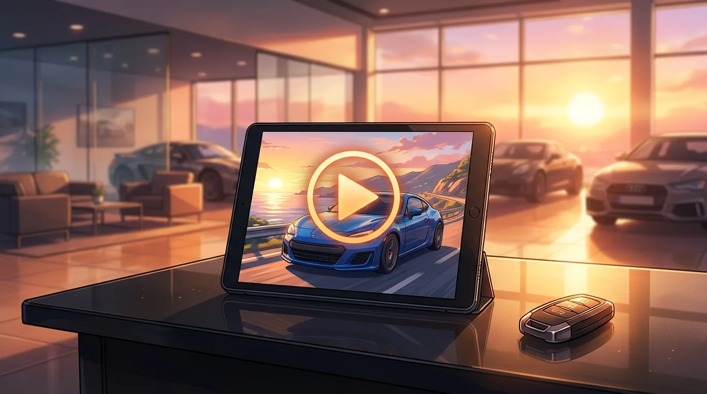 Ein modernes Tablet liegt auf einem Verkaufstisch im Autohaus und zeigt ein hochwertiges Fahrzeugbild mit einem großen Play-Button, daneben ein Autoschlüssel.