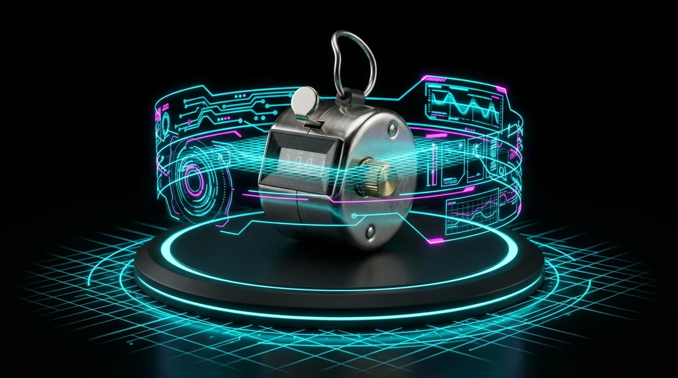 Ein klassischer mechanischer Handzähler (Klicker) aus Metall, der auf einer futuristischen schwarzen Scan-Plattform liegt und von holografischen Linien abgetastet wird.