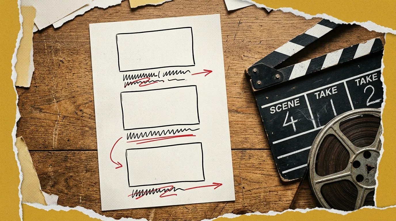 Ein physisches Storyboard auf einem Schreibtisch mit leeren Bildrahmen und abstrakten Wellenlinien als Platzhalter für ein Skript, daneben eine Filmklappe.