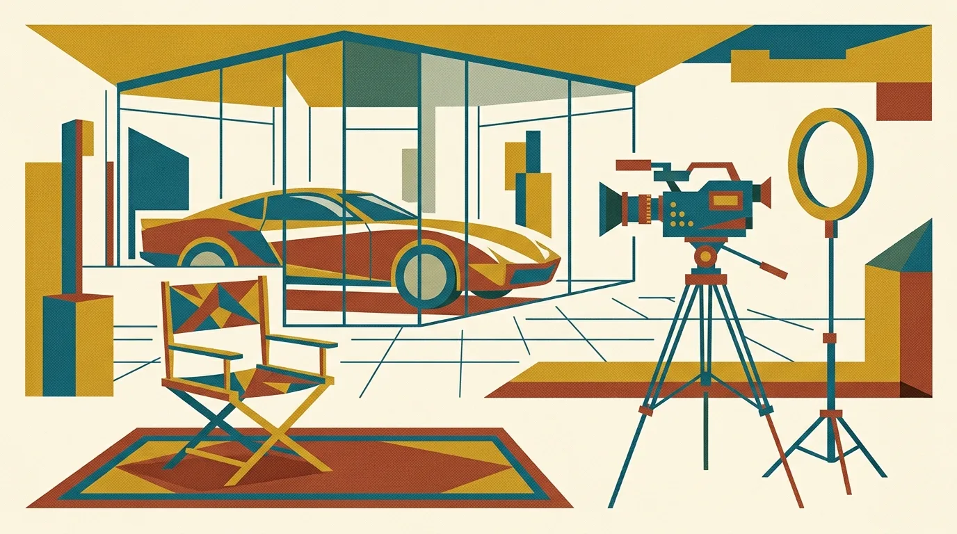 Eine professionelle Videokamera auf einem Stativ, ein Ringlicht und ein leerer Regiestuhl stehen in einem Autohaus vor einem eleganten Fahrzeug.