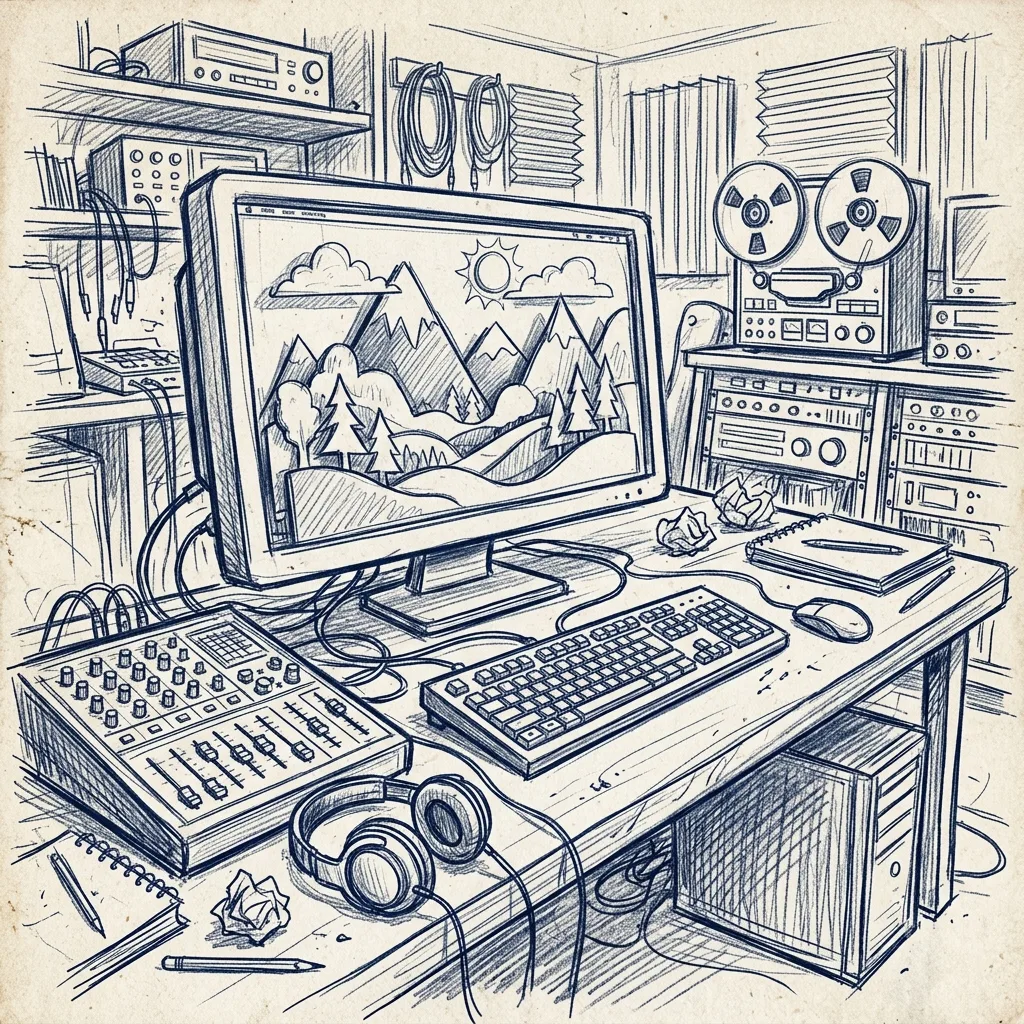 Ein grosser Schnittplatz-Monitor auf einem Schreibtisch zeigt die grobe Skizze einer 3D-Papierlandschaft.