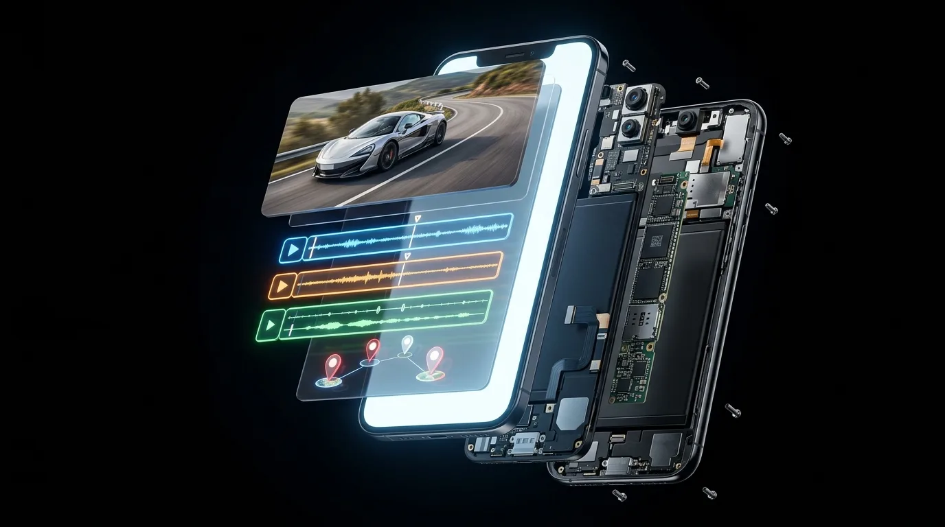 Ein modernes Smartphone, das aufrecht steht, aus dessen Bildschirm die Elemente eines Fahrzeugvideos wie 3D-Objekte in Schichten nach vorne herausschweben: ein Sportwagen, leuchtende Schnitt-Ebenen und dezente Länderflaggen-Icons.