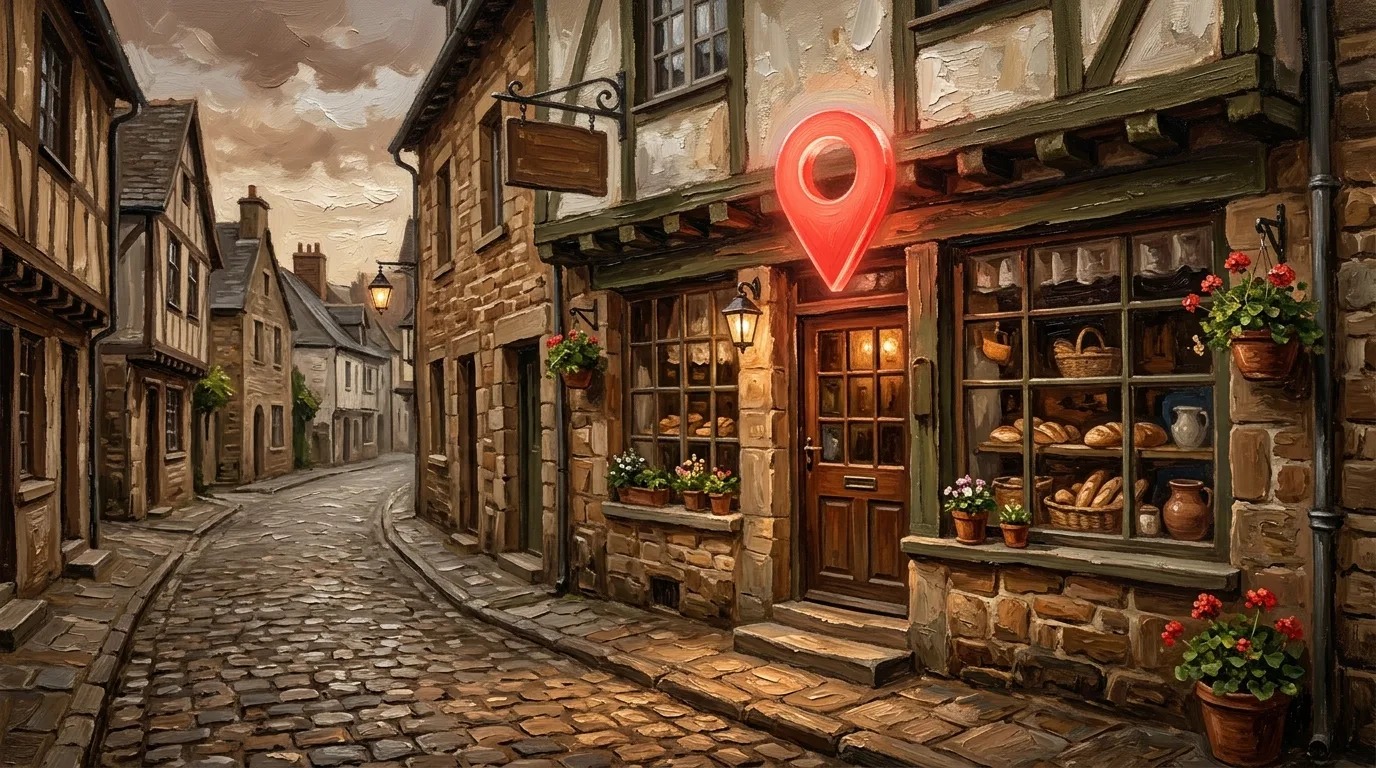 Das Bild zeigt die Fassade eines traditionellen, gemütlichen Ladengeschäfts in einer alten Gasse, über dessen Eingangstür ein riesiger, leuchtend roter Standort-Pin wie ein GPS-Marker schwebt.