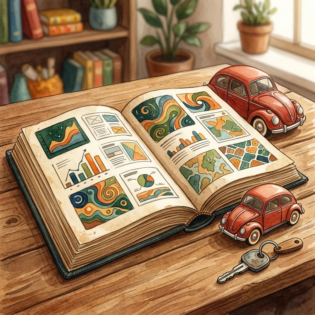 Ein dickes, aufgeschlagenes Handbuch voller bunter, abstrakter Diagramme und Layout-Skizzen, das auf einem warmen Holztisch liegt, direkt neben einem kleinen Modell-Auto und einem glänzenden Autoschlüssel.