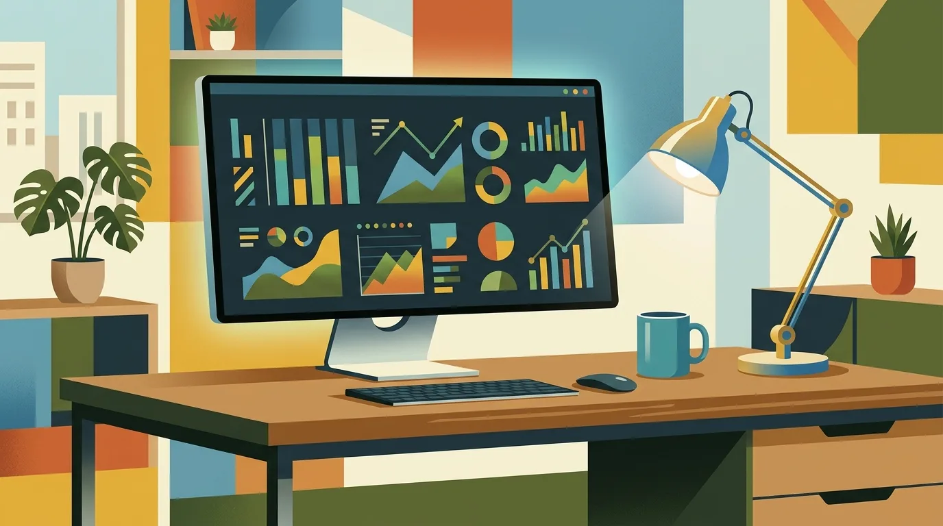 Ein moderner, aufgeräumter Agentur-Schreibtisch, auf dem ein großer Monitor abstrakte geometrische Daten-Charts, Balkendiagramme und Trendlinien ohne jeglichen Text anzeigt.
