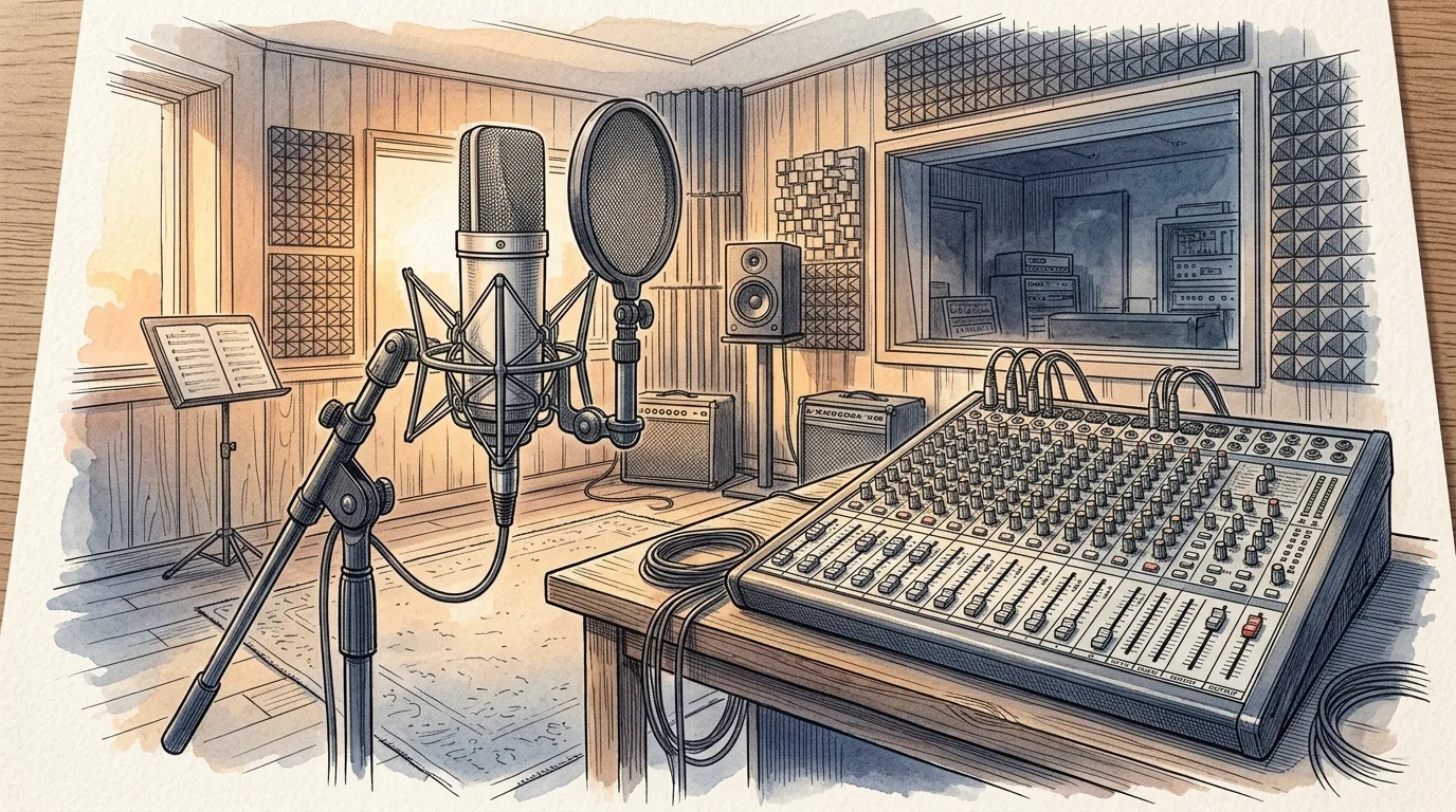 Ein professionelles Studio-Mikrofon vor einer aufwendigen Sound-Mischpult-Konsole in einer Tonkabine.