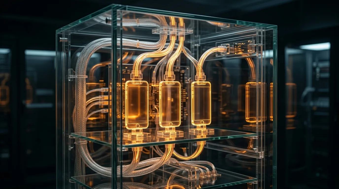 Ein gläserner, transparenter Server-Schrank, in dessen Innerem leuchtende Datenströme durch dicke Glasfaserkabel in drei aufrecht stehende, vertikale Glas-Smartphones fließen.