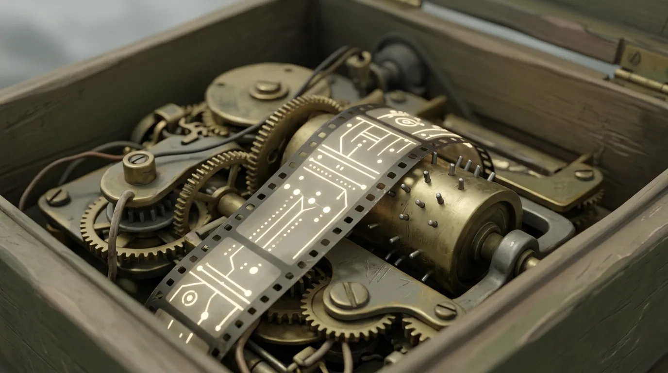 Eine alte, mechanische Spieluhr, durch die anstelle von Papier ein analoger Filmstreifen mit leuchtenden Markierungen für die Musiktakte läuft.