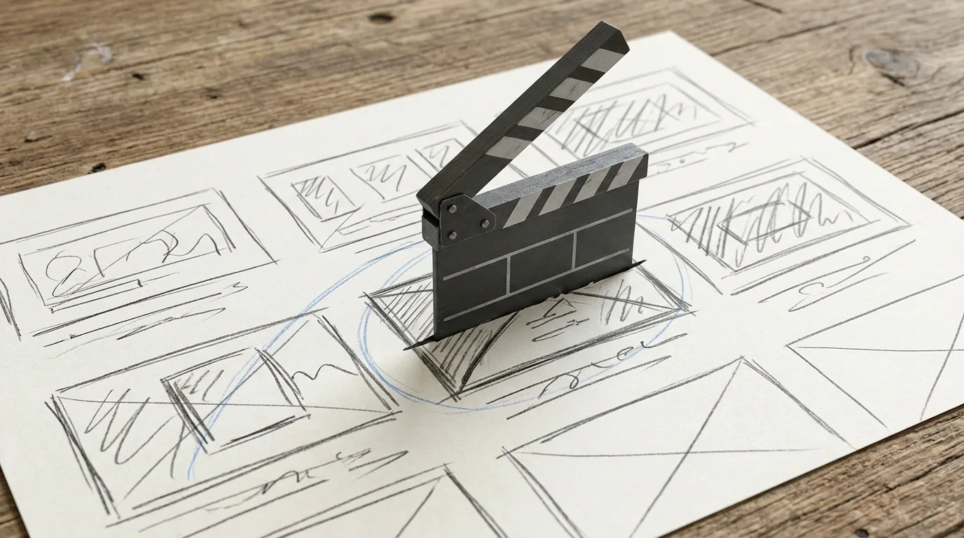 Ein flaches Skript auf Papier mit abstrakten Layout-Blöcken, aus dem sich eine fertige, massive Filmklappe als 3D-Struktur nach oben faltet.