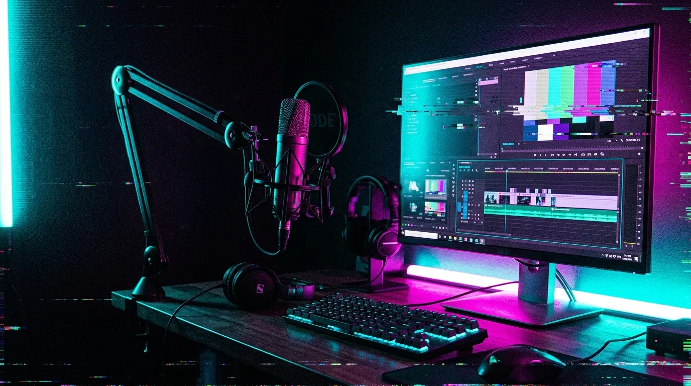 Ein professionelles Video-Schnittplatz-Setup in einem dunklen Raum, mit einem Mikrofon im Vordergrund und einem leuchtenden Monitor, der eine farbige Video-Timeline zeigt.
