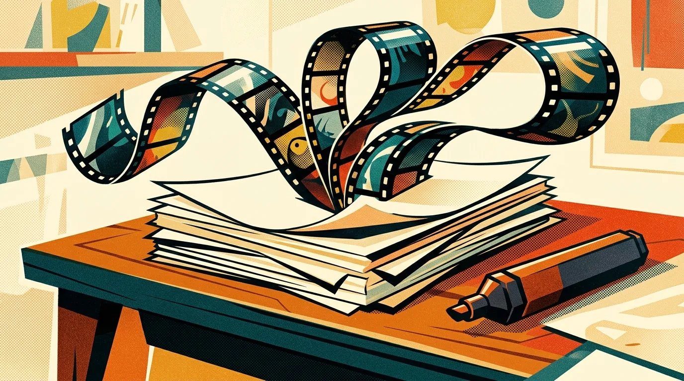Ein dicker Papierstapel auf einem modernen Schreibtisch, aus dessen Mitte dynamisch ein glänzender Filmstreifen entspringt, während daneben ein dicker Textmarker liegt.