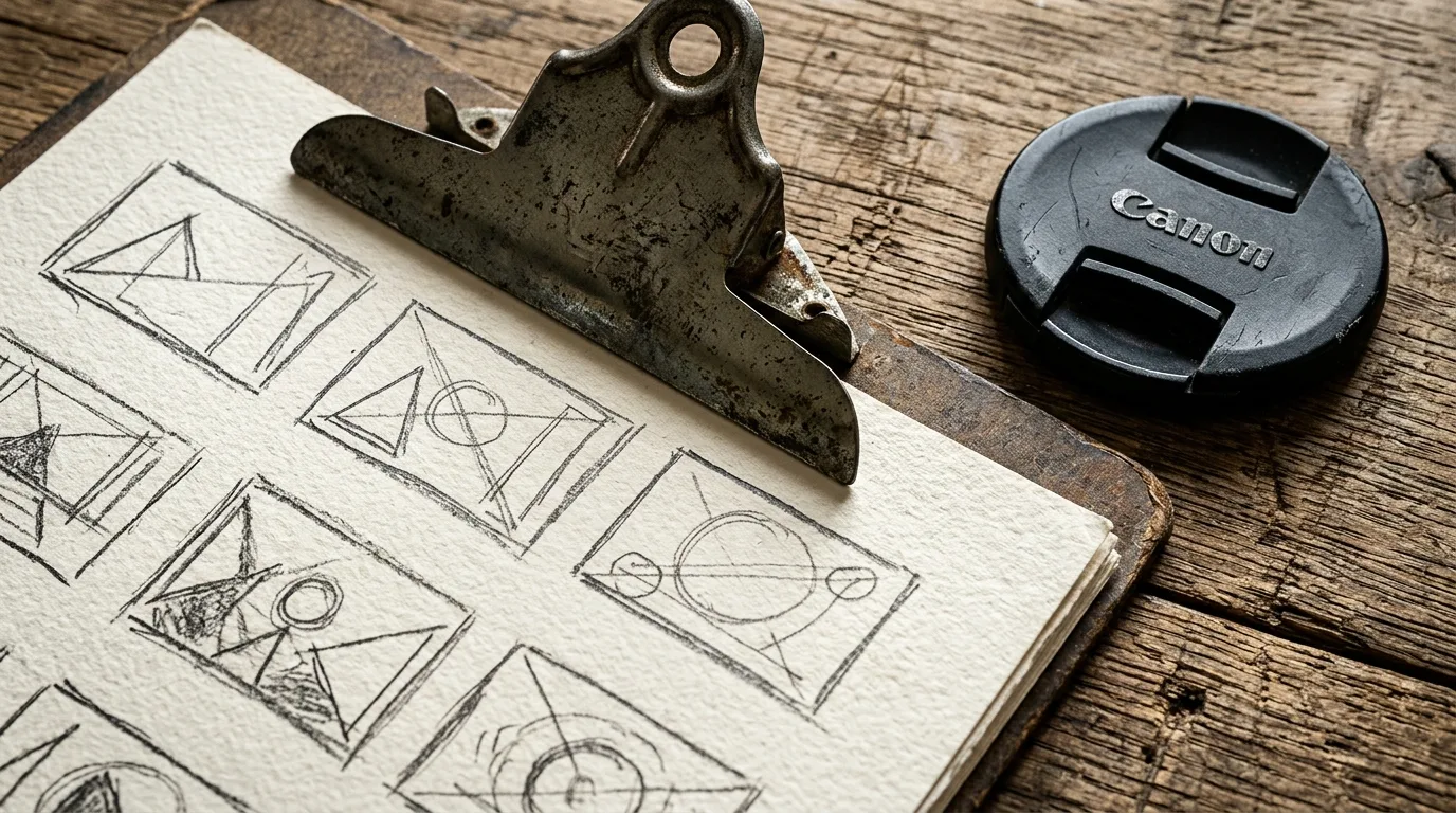 Eine Nahaufnahme eines rustikalen Holzschreibtisches mit einem Klemmbrett aus Metall, das strukturiertes Papier mit handgezeichneten Storyboard-Layoutfeldern ohne Text enthält.