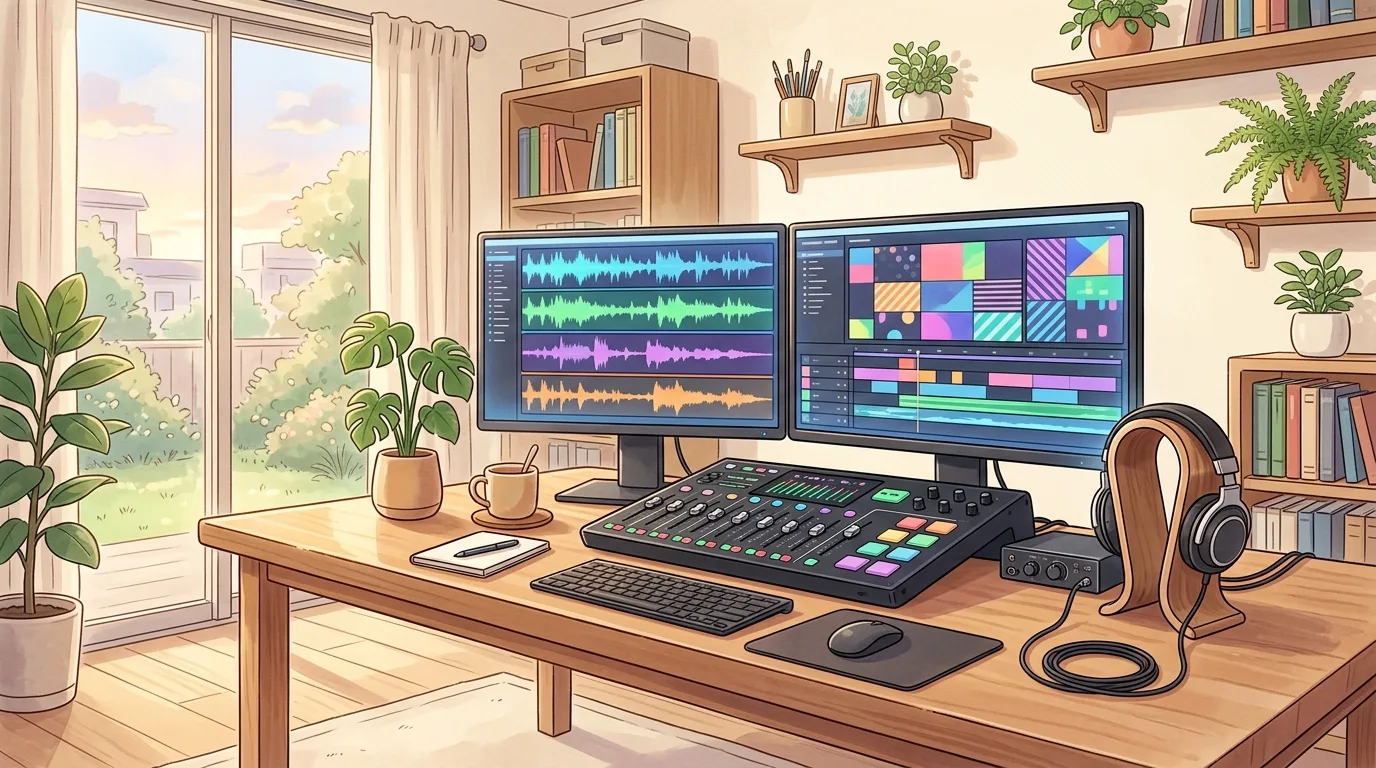 Ein aufgeräumter, gemütlicher Video-Schnittplatz im sanften Nachmittagslicht, mit einem modernen Audiomischpult und professionellen Studiokopfhörern auf dem Tisch, während Bildschirme leuchtende Tonspuren zeigen.