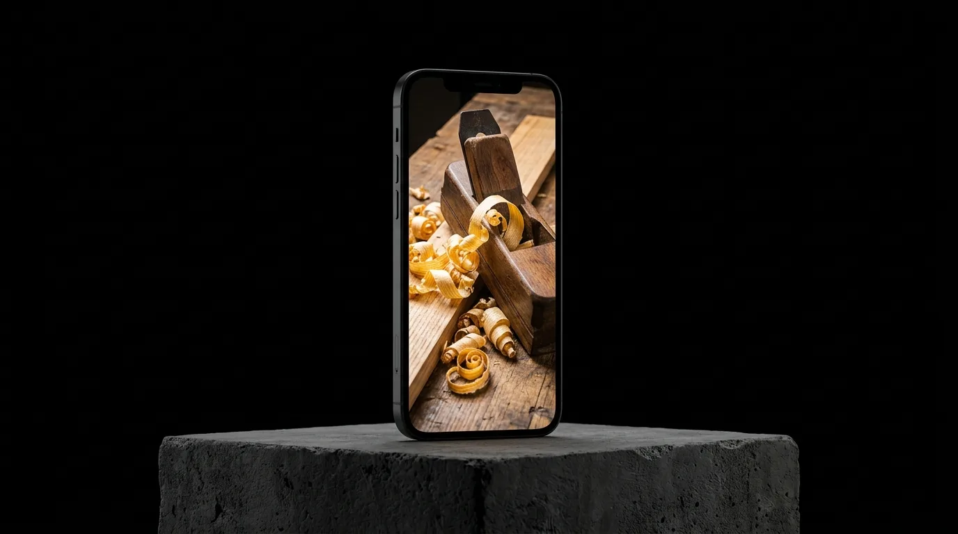 Ein modernes Smartphone steht aufrecht auf einem dunkelgrauen Betonpodest und zeigt ein farbenfrohes, vertikales Video von frischen Holzspänen und einem Tischlerhobel, ohne jeglichen Text.