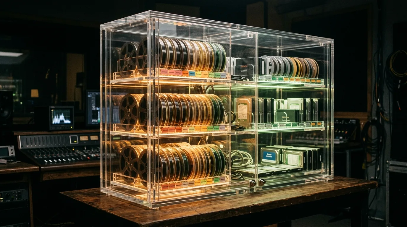 Ein vollkommen transparenter Archivschrank auf einem Schnittplatz, in dessen leuchtenden Fächern Filmrollen und digitale Laufwerke physisch perfekt geordnet liegen.