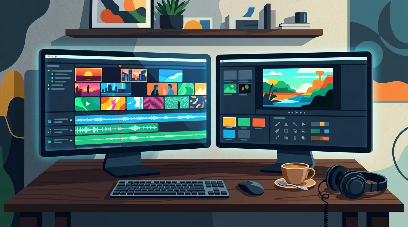 Ein aufgeräumter Schnittplatz mit zwei großen Monitoren, auf denen bunte Videospuren ohne lesbaren Text zu sehen sind, neben einer Kaffeetasse und Kopfhörern.