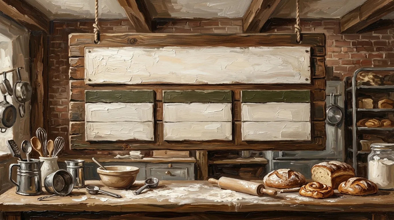 Ein rustikales Holzschild in einer traditionellen Bäckerei, das wie das Layout einer modernen Website mit Inhaltsblöcken aufgebaut ist, umgeben von Mehl und Backwerkzeugen.