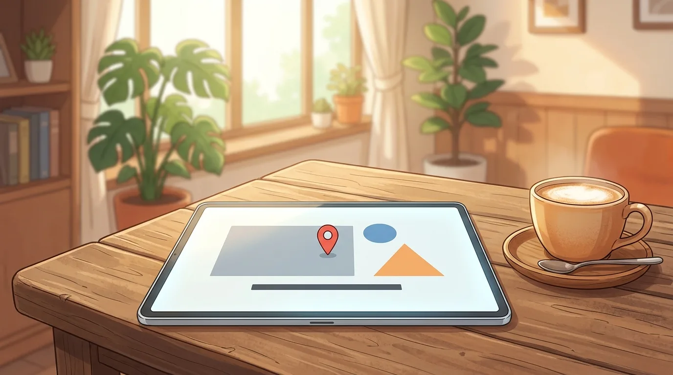 Ein modernes Tablet liegt auf einem Holztisch in einem gemütlichen Café neben einer Kaffeetasse, der Bildschirm zeigt ein völlig sauberes, minimalistisches Website-Layout aus reinen geometrischen Formen und einem roten Karten-Pin ohne störende Texte oder Popups.
