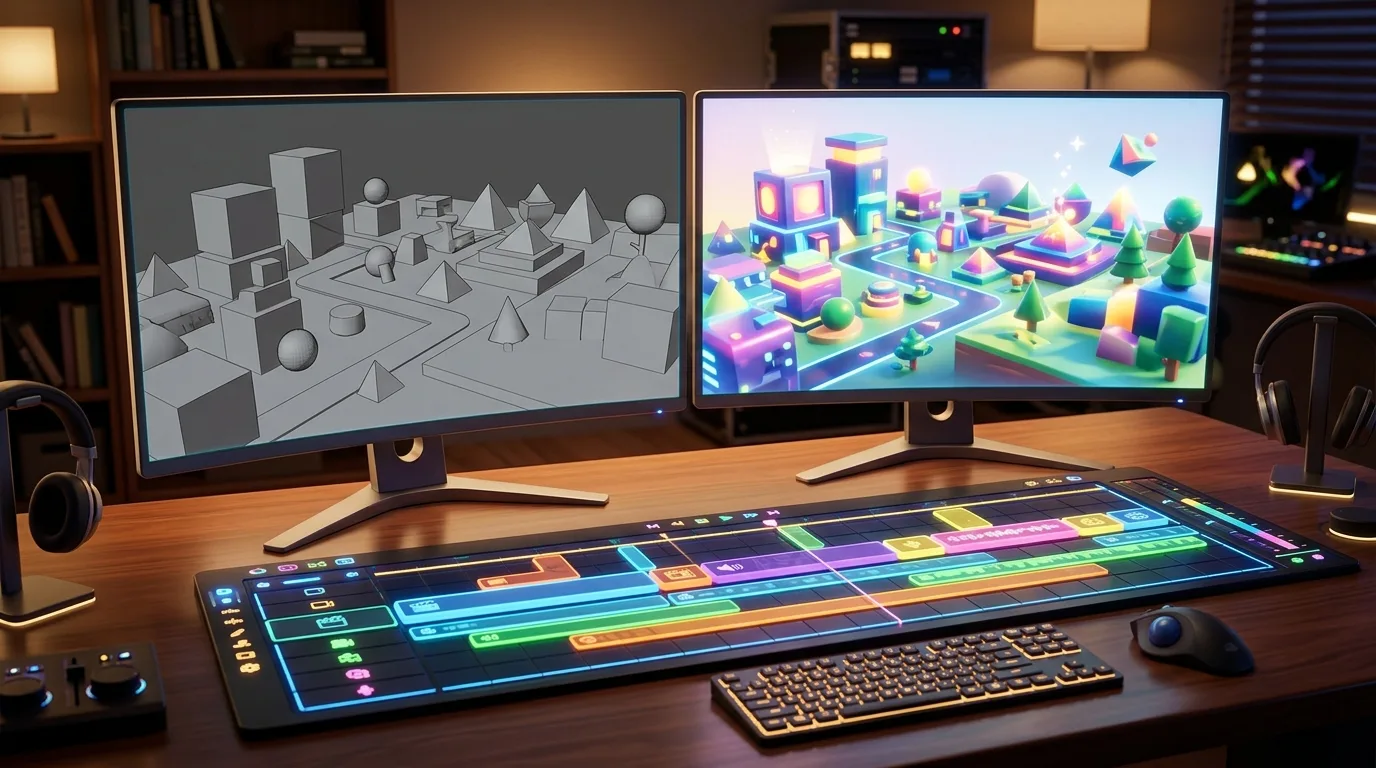 Ein Video-Schnittplatz mit zwei Monitoren. Der linke zeigt ein graues Rohbild, der rechte das fertige bunte 3D-Bild, darunter liegt eine leuchtende Video-Timeline.