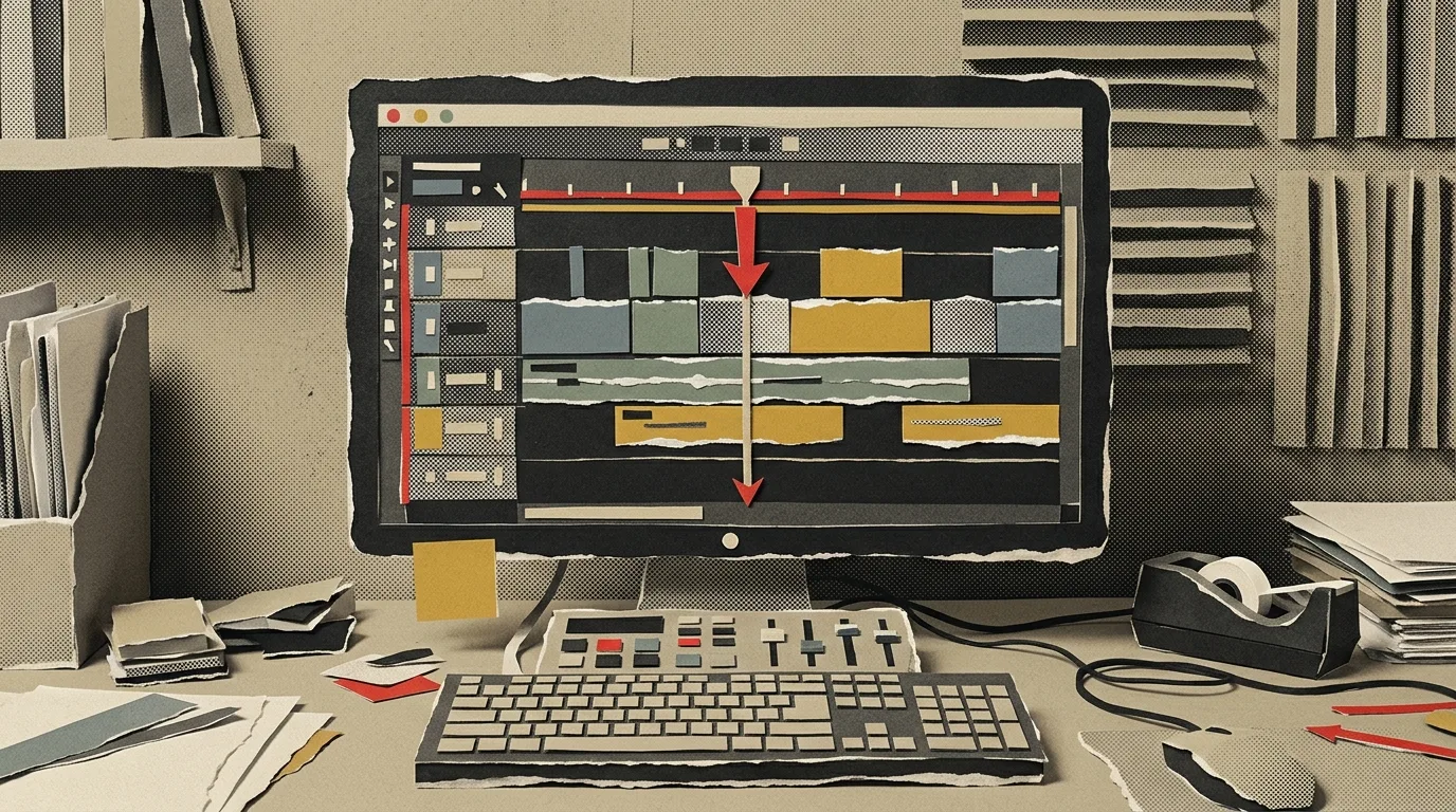 Ein digitaler Schnittplatz, dessen Monitor eine bunte Video-Timeline mit Clips und Abspielkopf anzeigt.